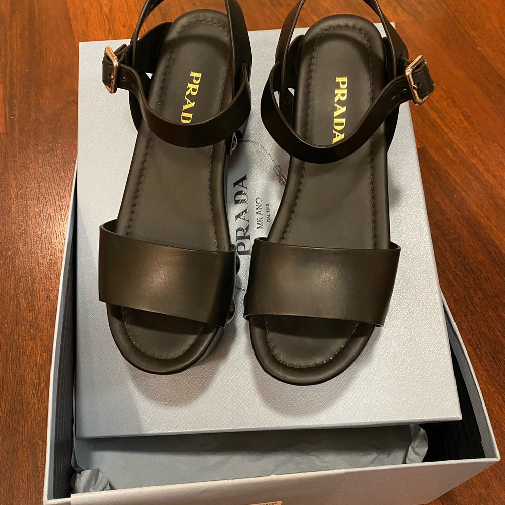 Prada Black Wedge Sandals - New - Size 37.5 - Picture 4 of 6